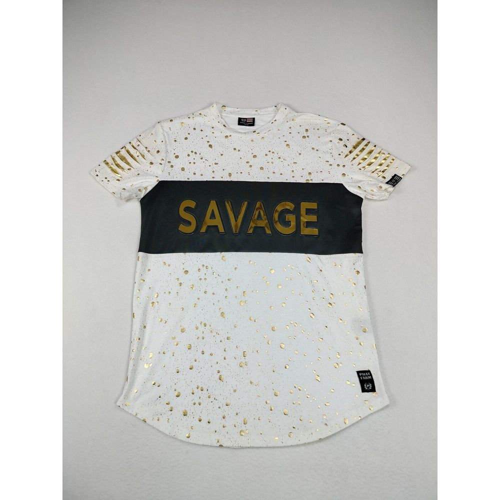 Phat Farm Shirt Men's Medium White Black Gold Savage Spellout Hip hop Streetwear